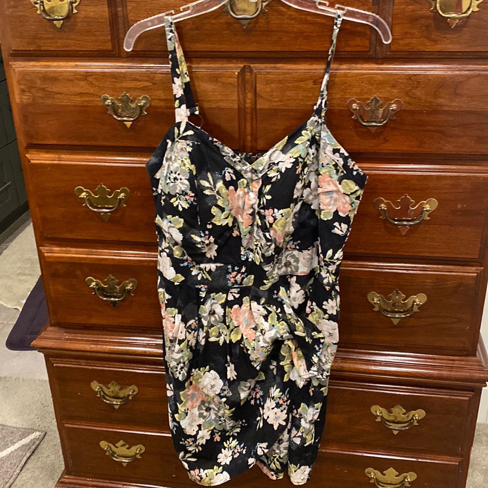 American Rag Faux Wrap Black Floral Print Mini Dress 1X